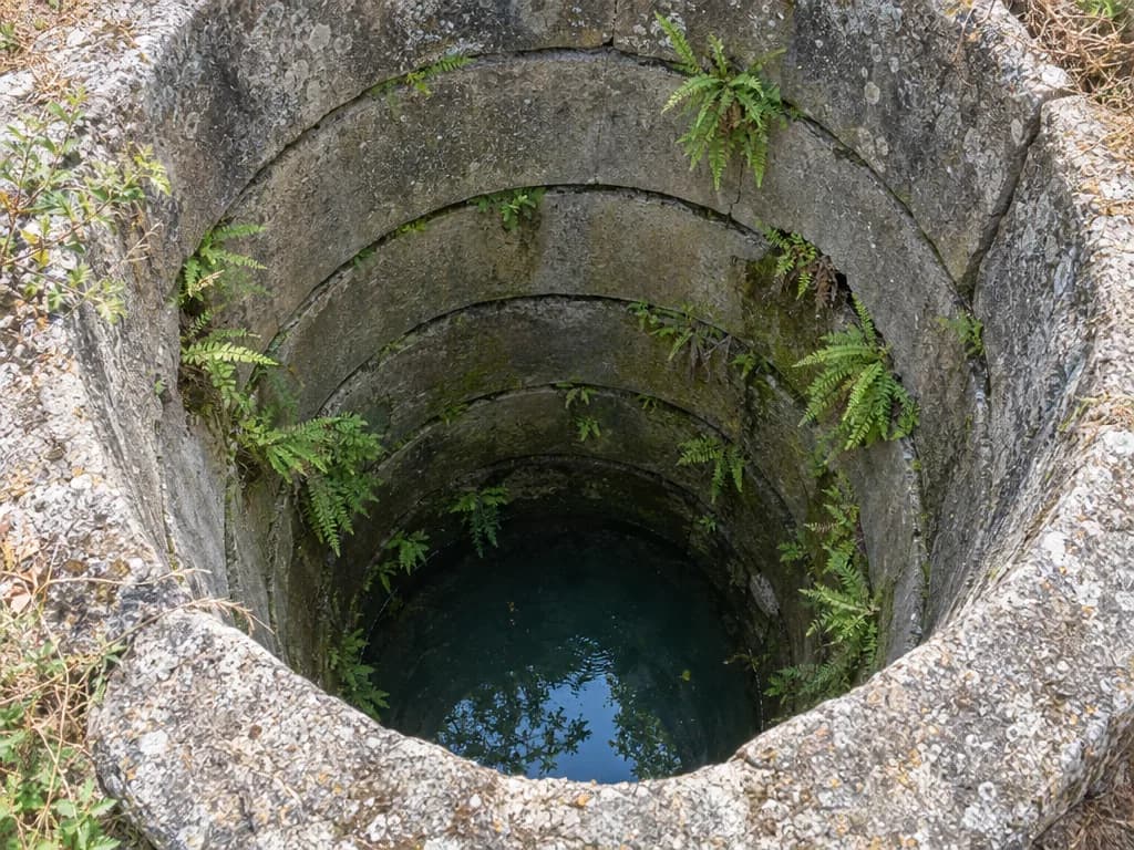 Interior de um poço de anéis de betão visto de cima, com água ao fundo e fetos nas paredes
